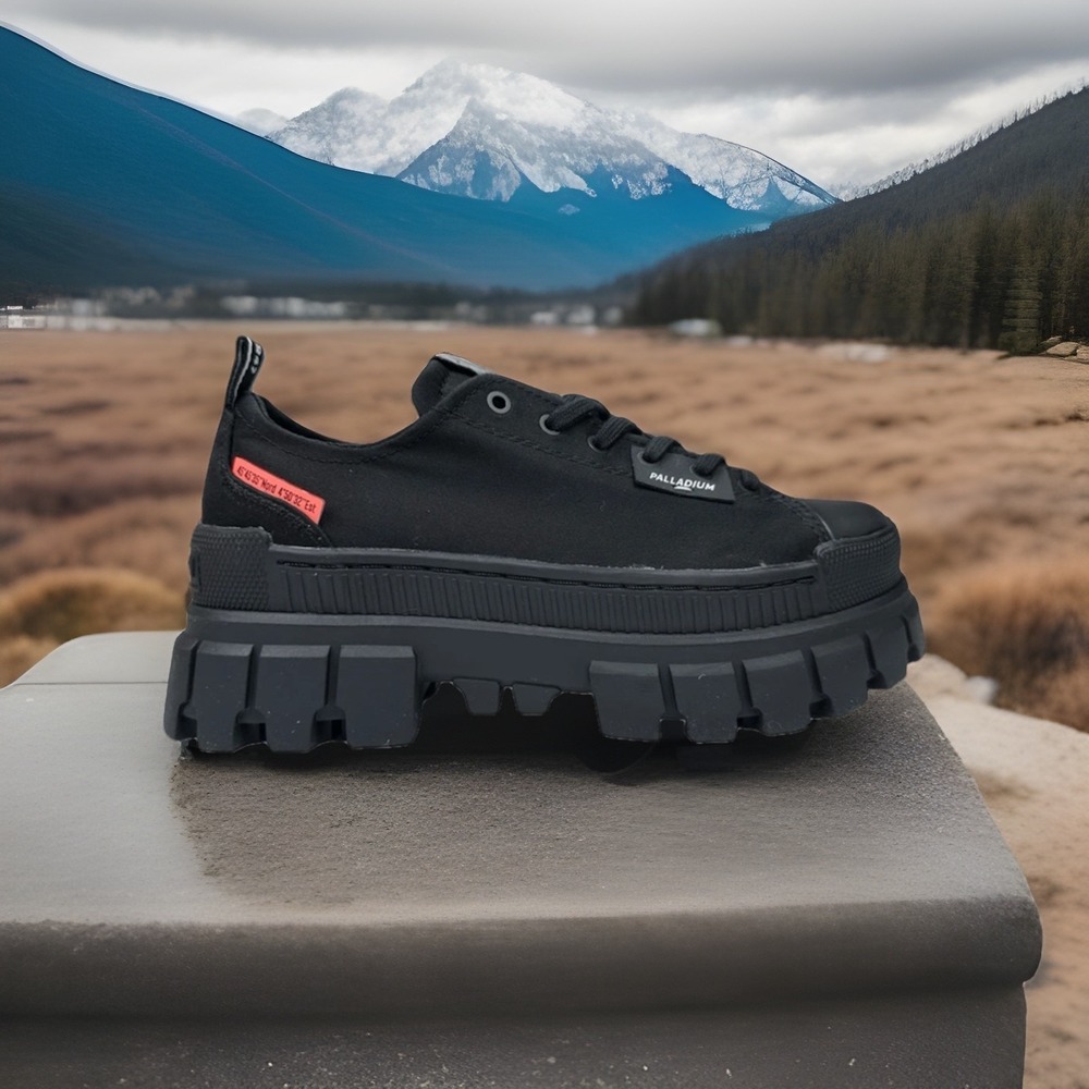 Palladium Black Platform Trail Low Sneakers with Subtle Red Tab